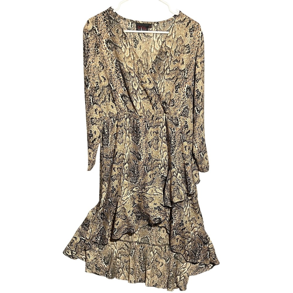 Bob Mackie Boutique Women's L Snake Print Faux Wrap‎ Ruffle High-Low Dress